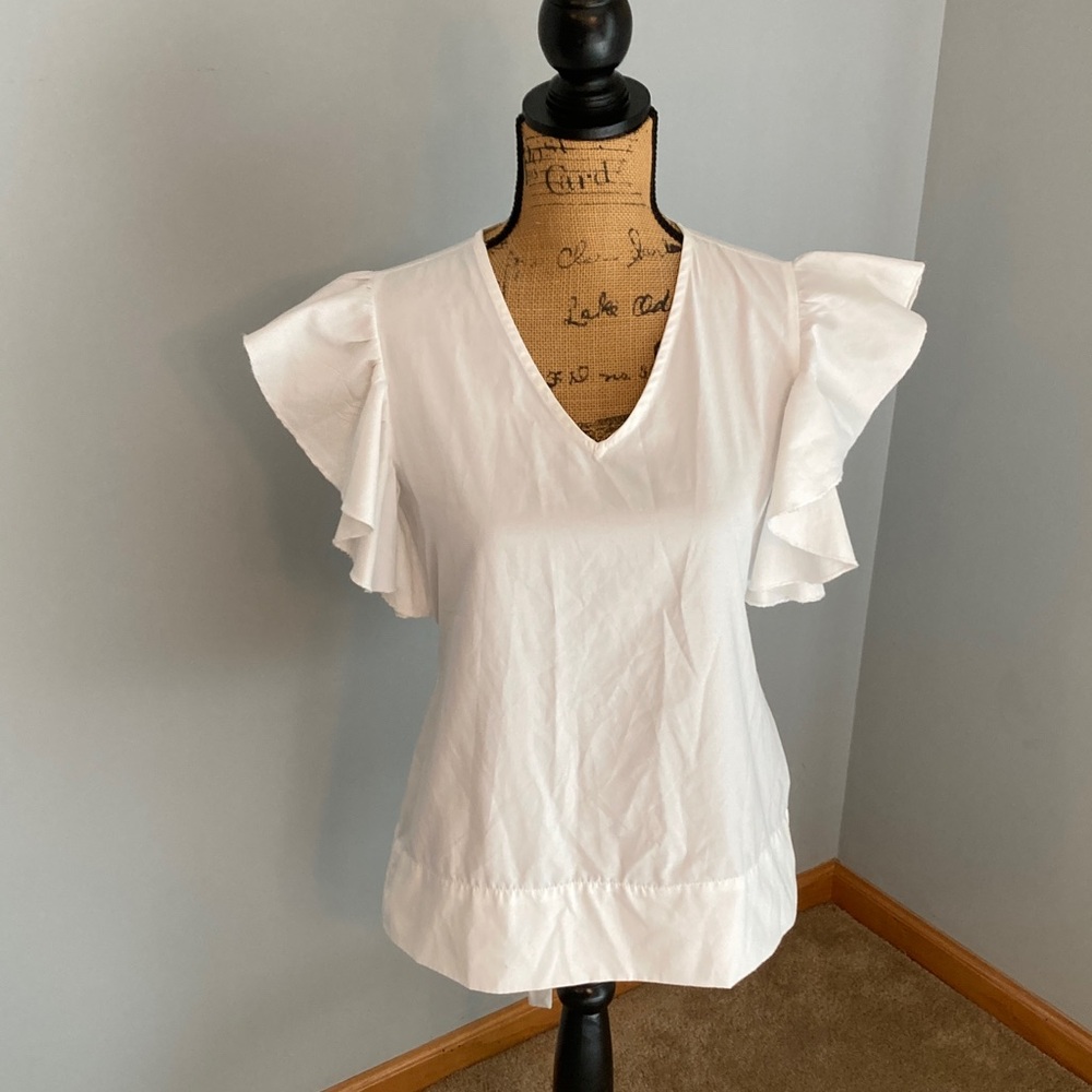 Women's White V-Neck Ruffle Sleeve Blouse Women Size Small